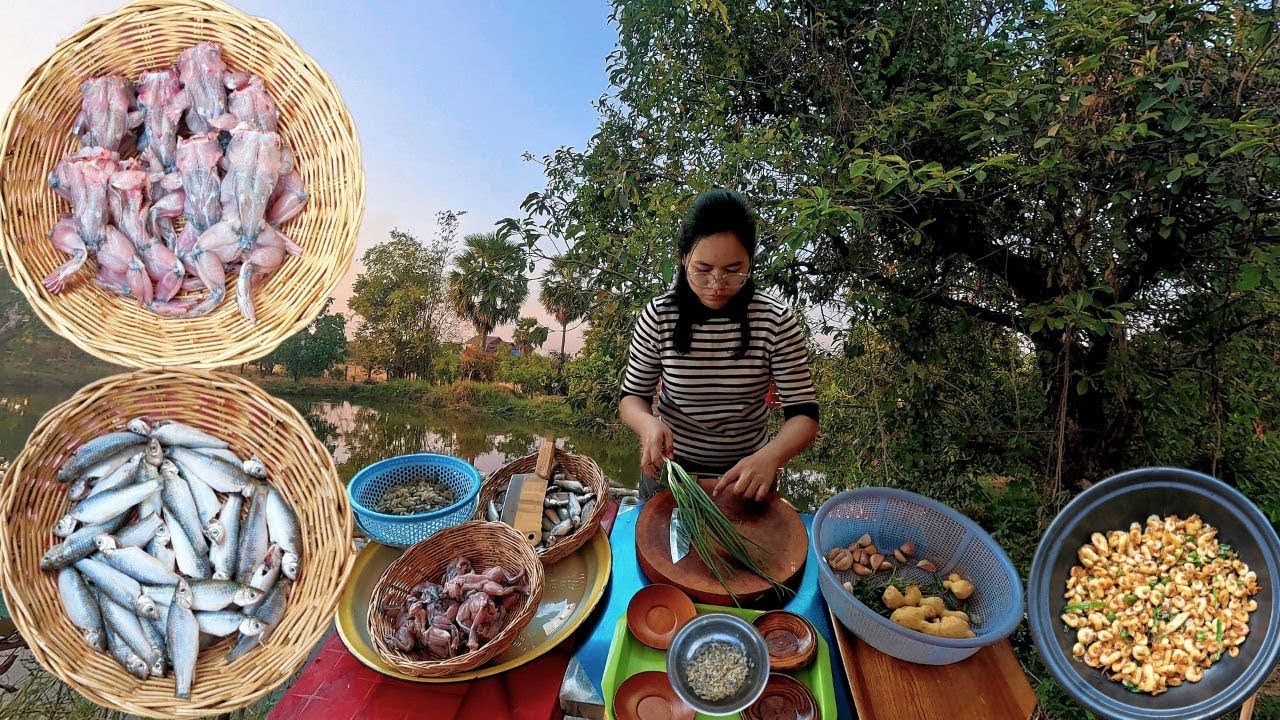 Braised Frog with Ginger, Shrimp Stir-Fry & Fried Fish | Rural Cooking ASMR | No Music
