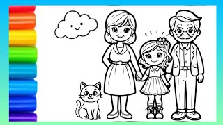 How to draw a cute girl with her grandparents| Easy step-by-step drawing and coloring for kids