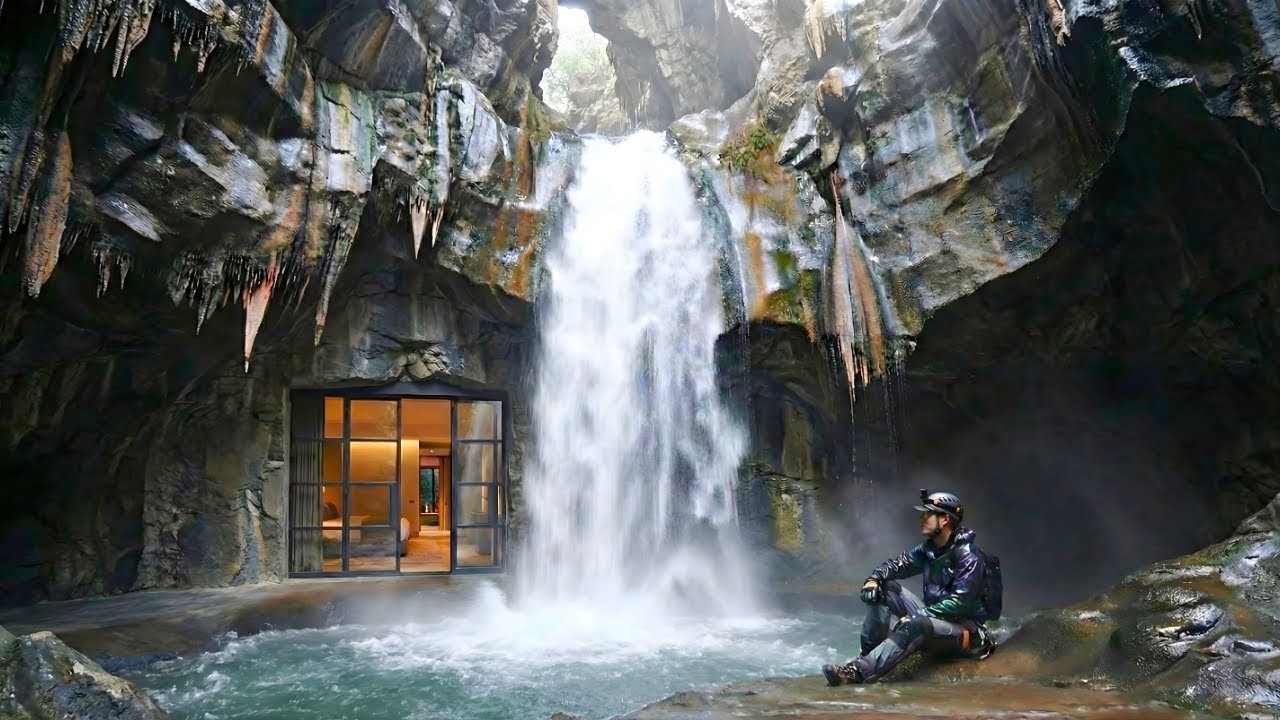 Amazing Hidden Waterfall House Reveal (ASMR) | Survival Shelter Build