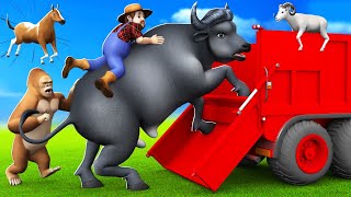Giant Buffalo Rescued and Transport in Big Truck  Farm Animals Heroes Cow Horse Pig Gorilla