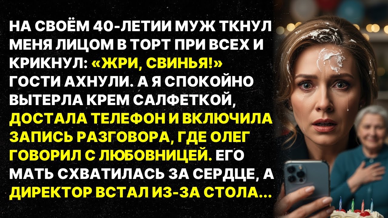 Муж ткнул меня лицом в торт при гостях: «ЖРИ, СВИНЬЯ!» Я включила запись — и его мать схватилась....