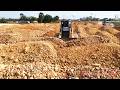 Powerful Shantui Dozer Plowing Soil, Leveling Land With Many Dump Trucks Filling Up Huge Land
