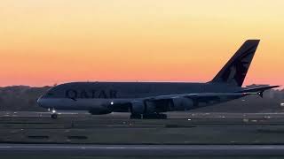 A Qatar Airways a380-861 arrives in Sydney on 16R just before sunset