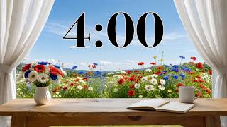 4 Minute Timer | Summer Study Desk with Red, White, &amp; Blue Flowers | Happy Acoustic Music
