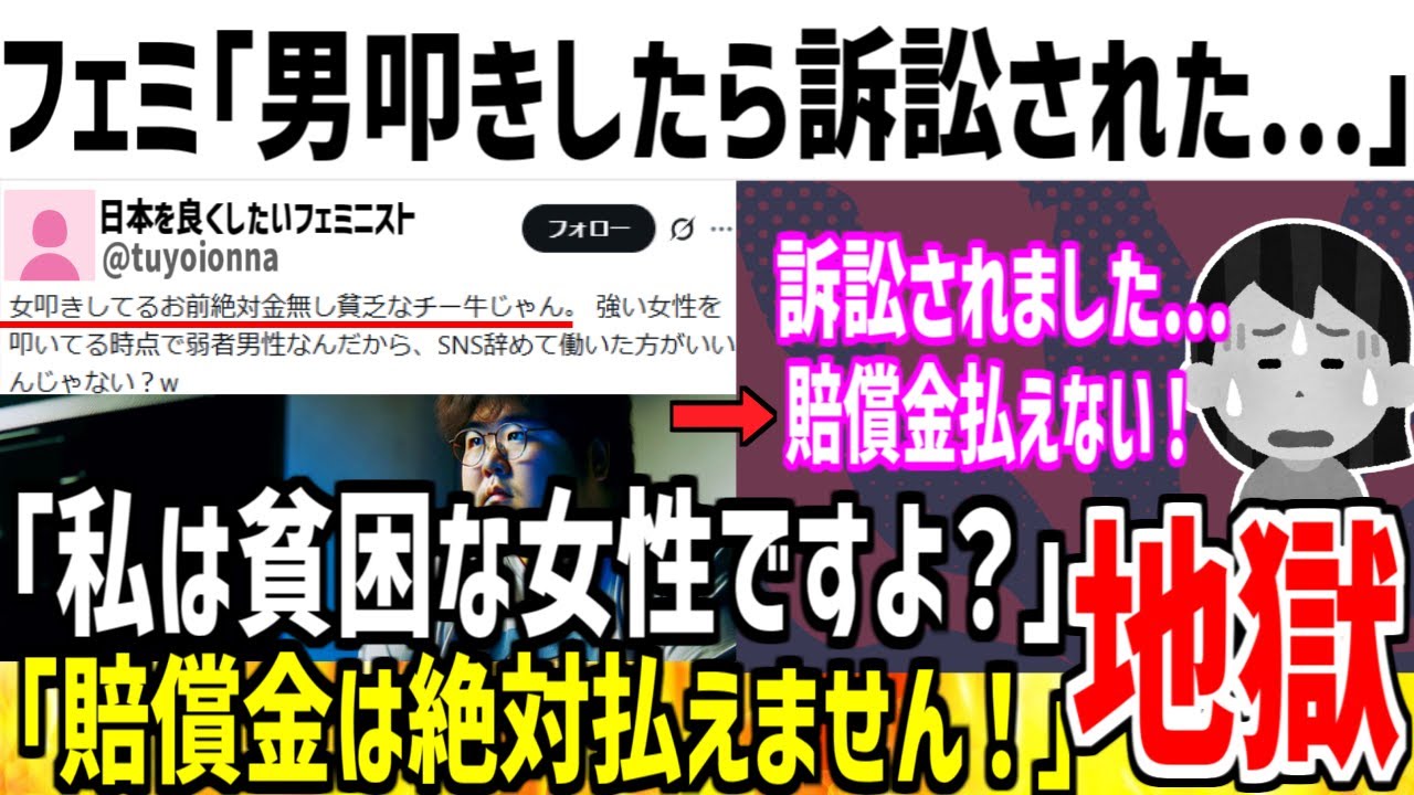 フェミ「男叩きしたら訴訟されました。貧乏な女でも賠償金払うんですか？」→伝説の92がまた現れた模様...【ゆっくり解説】