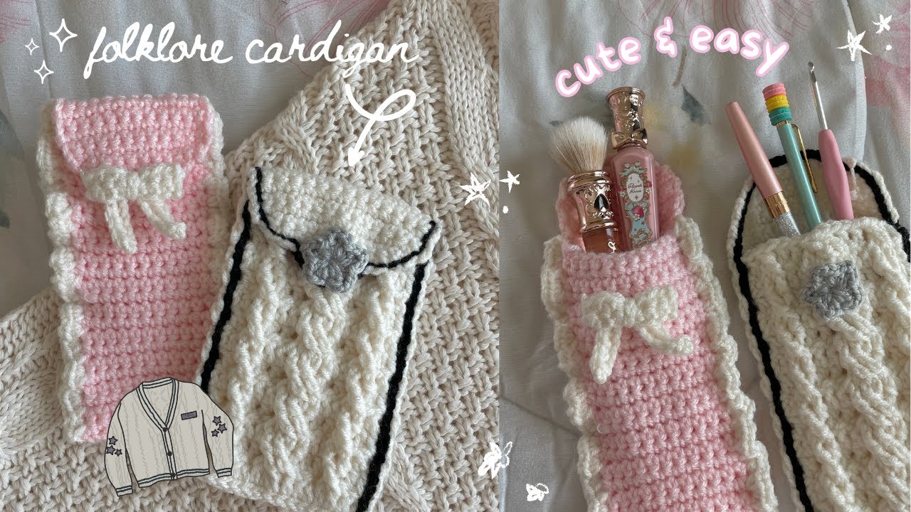 how to crochet a pencil case/pouch of ANY size (folklore cardigan & bow  with ruffles tutorial) 