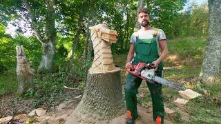FIRST ATTEMPT AT CHAINSAW CARVING  “CARVING A DRAGON HEAD”