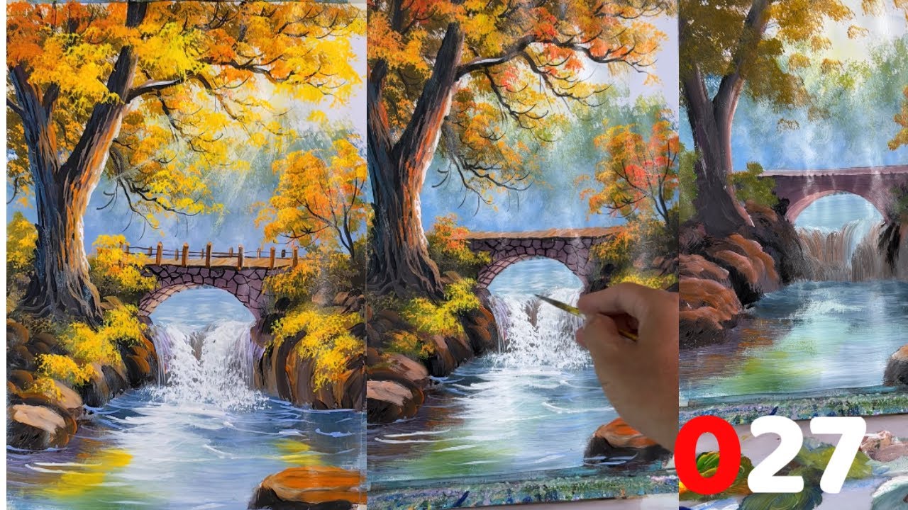 027 - How to Paint an Ancient Golden Autumn Tree with Old Stone Bridge and Waterfall | TreeFlow Art 