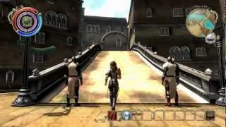 Venetica - Passage breaking cutscene
Pretty simple glitch like the others Ive posted, essentially ruining a scripted cutscene by activating The Passage to slow it down. This one doesnt affect it much, but its funny.
The cutscene in Venice triggers the first time you cross this bridge, and typically the guards will talk for a bit and then walk inside the gate, which closes down after them. By activating The Passage beforehand, it lasts through the entire cutscene and slows down the movement of the guards, meaning that the gate drops before they manage to get past it.
This seems to be a common oversight with this game, but I havent found a whole lot of practical applications for it yet. Venetica - Passage breaking cutscene