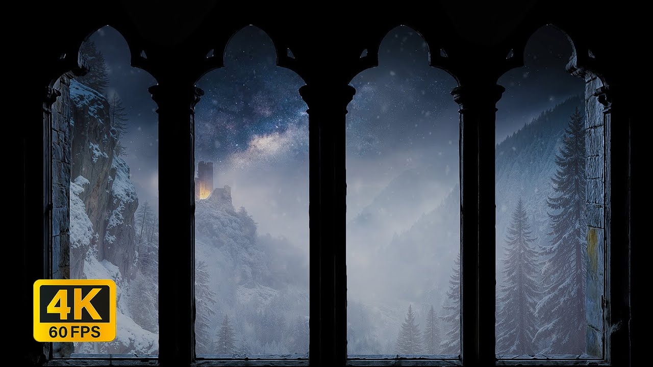 4K Medieval Castle Winter Window View - Peaceful Snowstorm Ambience - Relax & Read by the Fire
