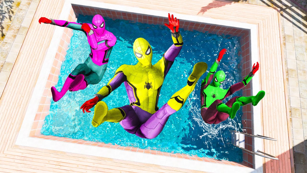 GTA 5 Rainbow  Yellow Vs Pink & Red Spiderman Jumping Into Pool (Euphoria Physics/Ragdolls) #1