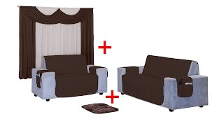 Kit Capa De Sofá Emy 2 e 3 Lugares +Cortina 2 Metros +Brinde - Sol E Lua Enxovais