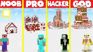 Minecraft Battle: CANDY CANE BASE HOUSE BUILD CHALLENGE - NOOB vs PRO vs HACKER vs GOD / Animation