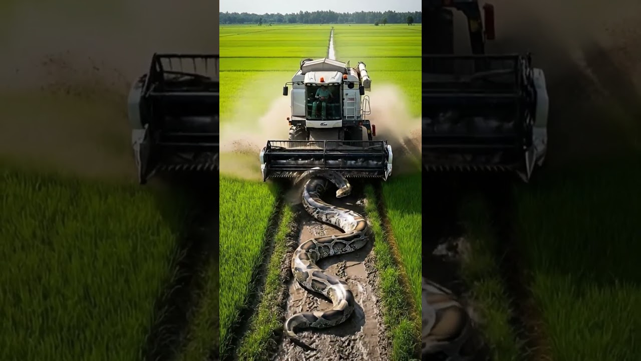 Giant Python in Rice Field Ditch | Harvester vs Snake  