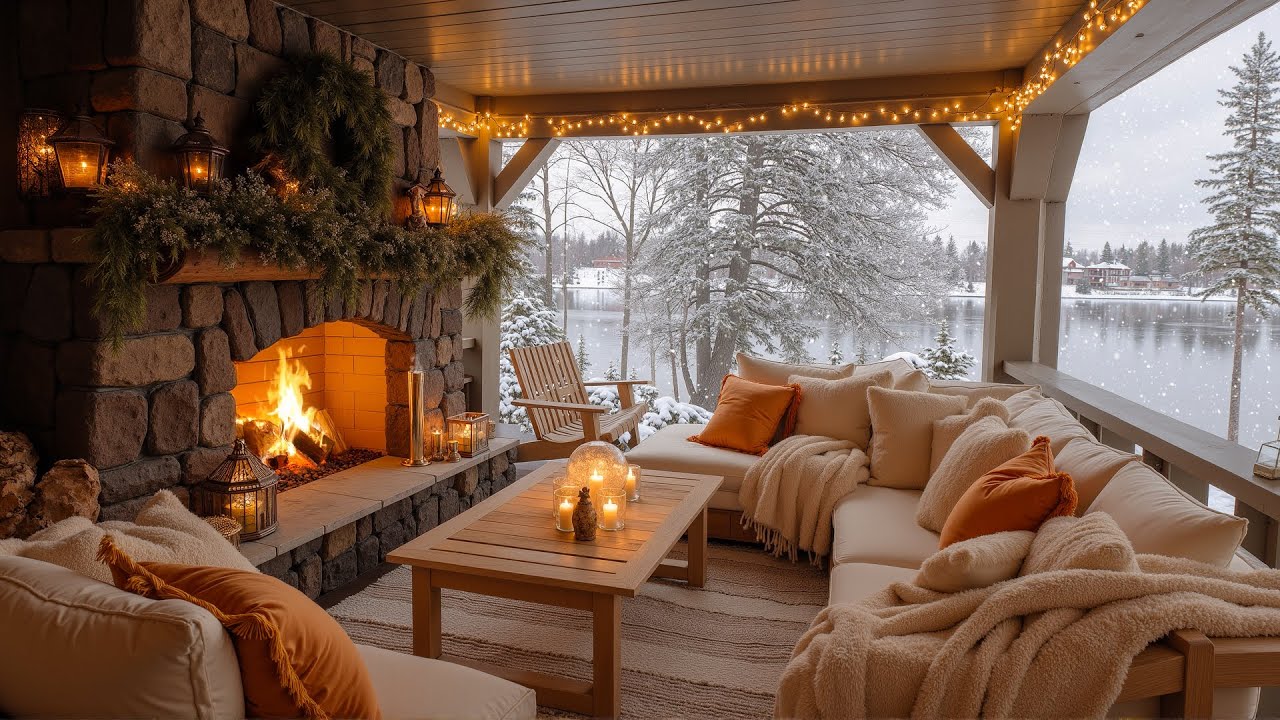 Soothing Winter Morning Ambience ❄️ Crackling Fireplace, Snowfall & Peaceful Lake ASMR for Good Mood
