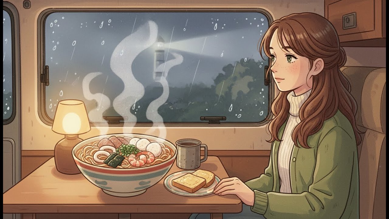 Rainy Night Camper Van Cooking  | No Talking ASMR | Ghibli-Style Video