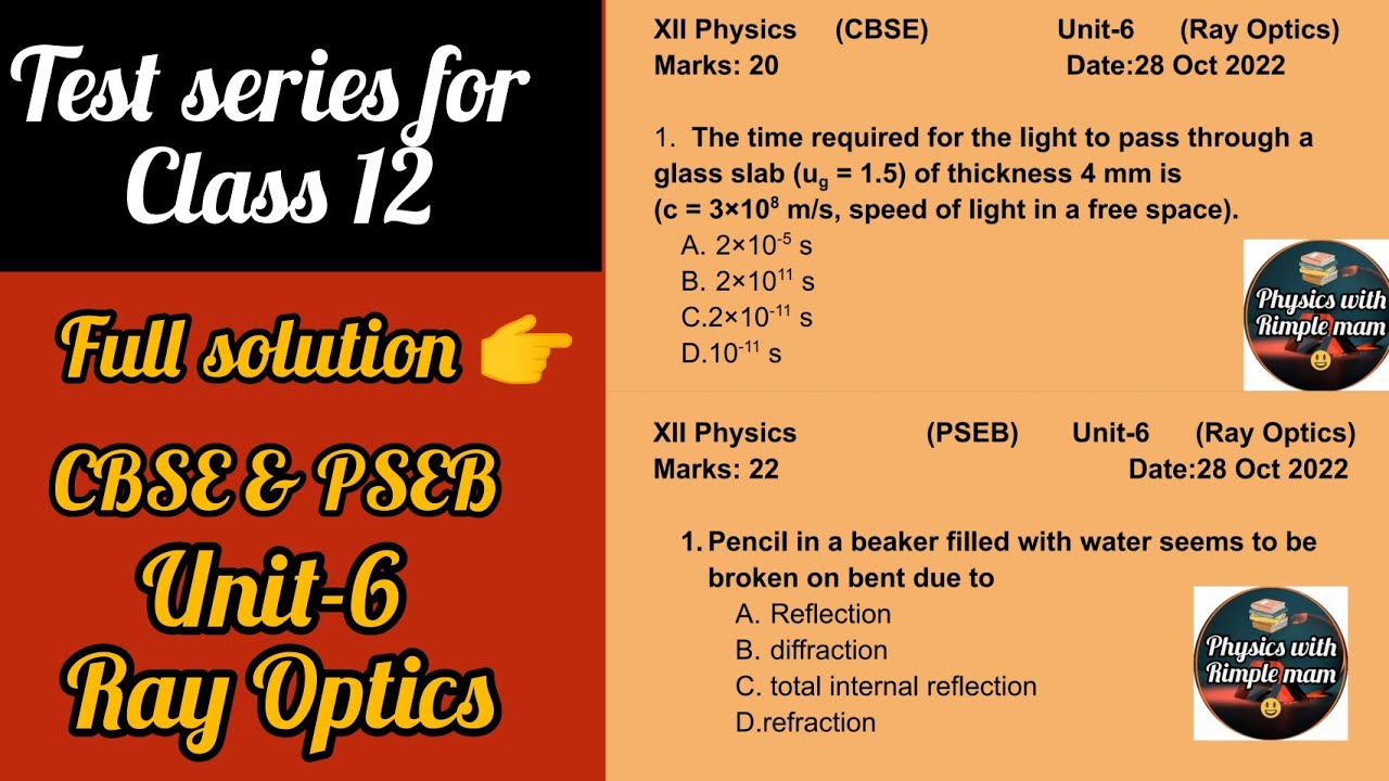 12th Physics | Test of Ray optics 