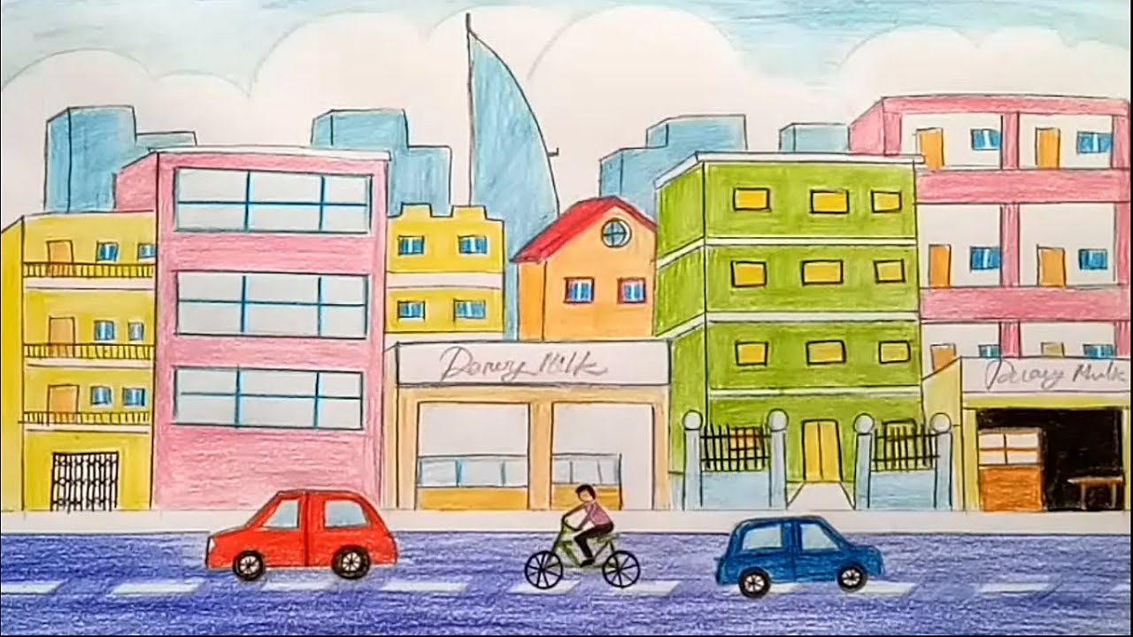 HOW TO DRAW CITY SCENERY DRAWING WITH OIL PASTEL /CITYSCAPE DRAWING OIL  PATEL EASY FOR KIDS - YouTube