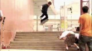 Mike Mo switch tre flips a huge flight of stairs in downtown china!!!!!