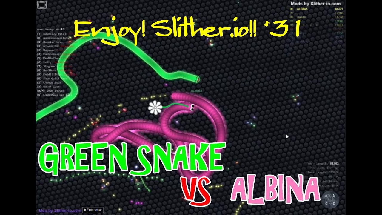 Slither Io Mods Score 104 000 Big Green Snake Vs Albina 31 スリザリオmods版 Youtube