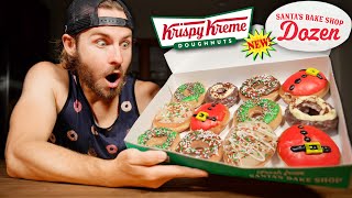 Eating Krispy Kreme&#39;s NEW SANTA&#39;S BAKE SHOP DONUTS!