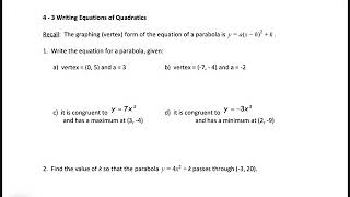 4-3 Writing Equations of Quadratics