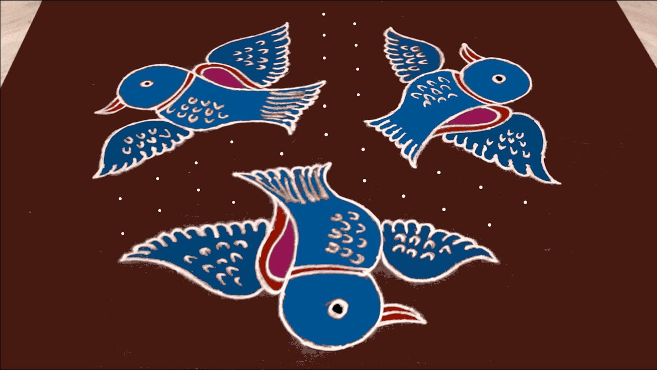 Birds rangoli design with 11 dots Birds muggulu Paravai kolam