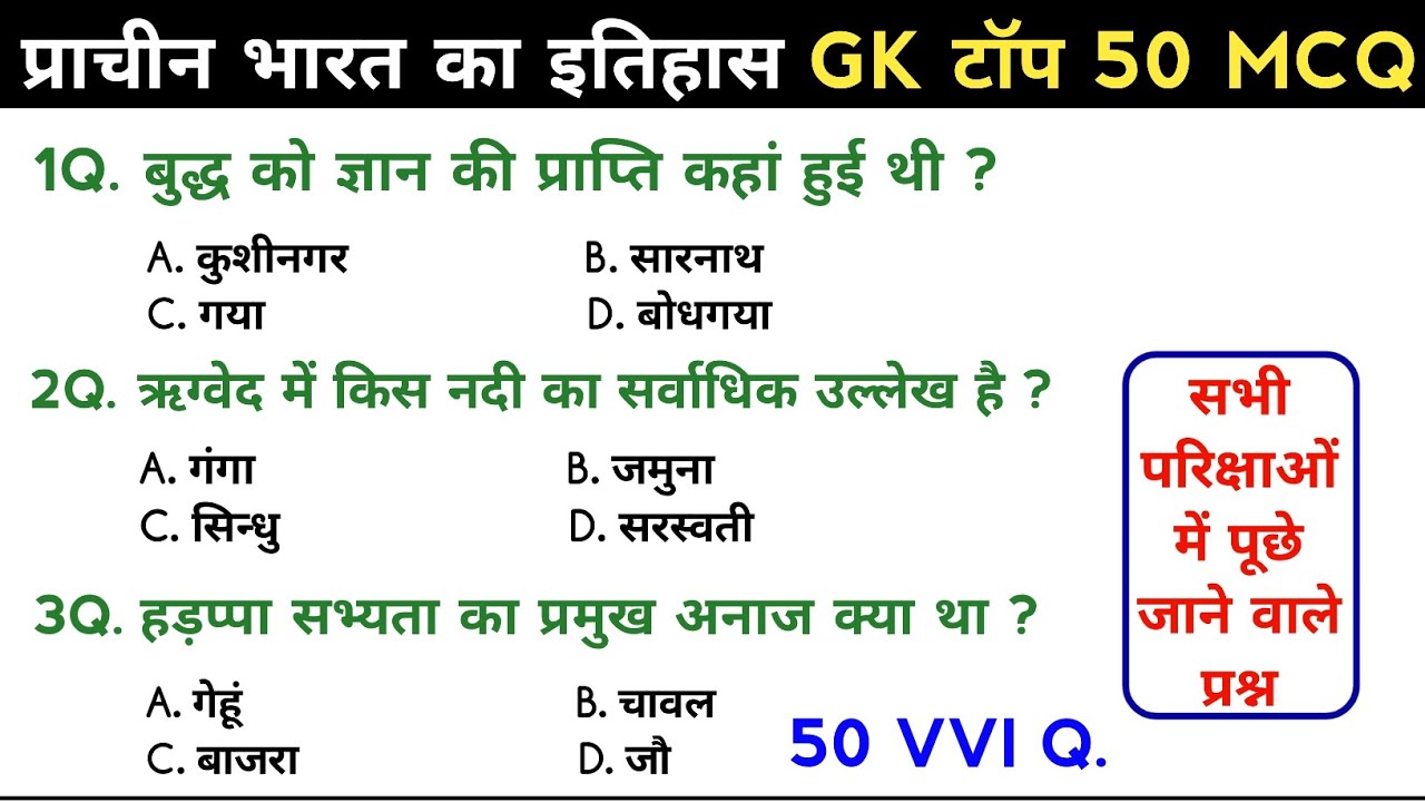प्राचीन भारत का इतिहास | Ancient History Top 50 GK Questions | SSC, GD, Railway, MTS RPF, CRPF GK