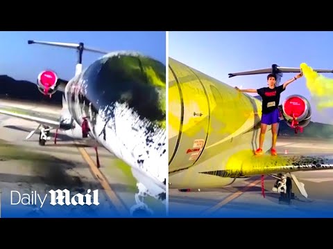 Shocking moment eco-activists cover private jet in yellow and black paint in Ibiza