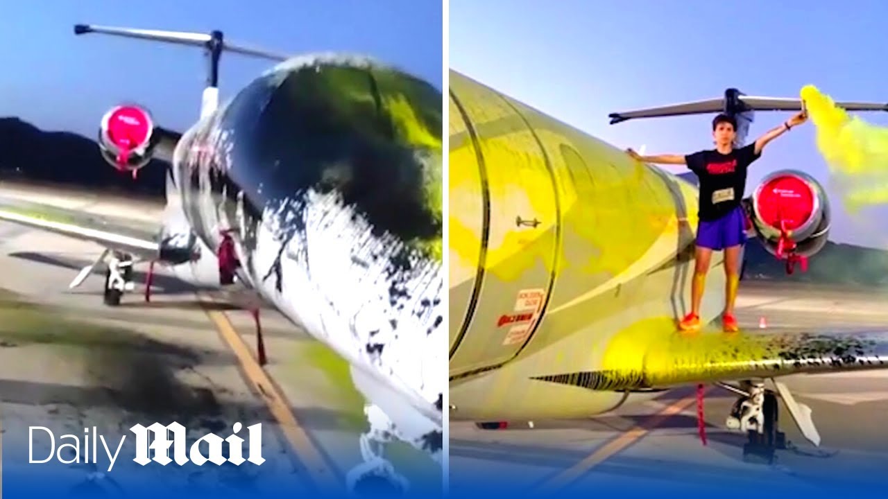 Shocking moment eco-activists cover private jet in yellow and black paint in Ibiza