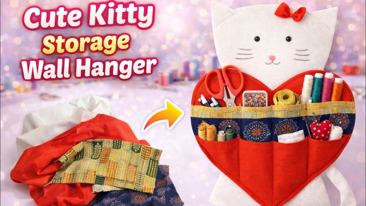 Unique sewing idea for scrap fabric That you should try #Cute Kitty Storage Wall Hanger#sewing#diy#