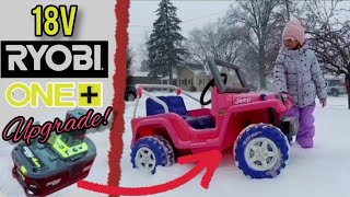 Power Wheels Jeep 18V Ryobi Battery UPGRADE!  Ripping In The Snow + Studding The Tires For Traction!
