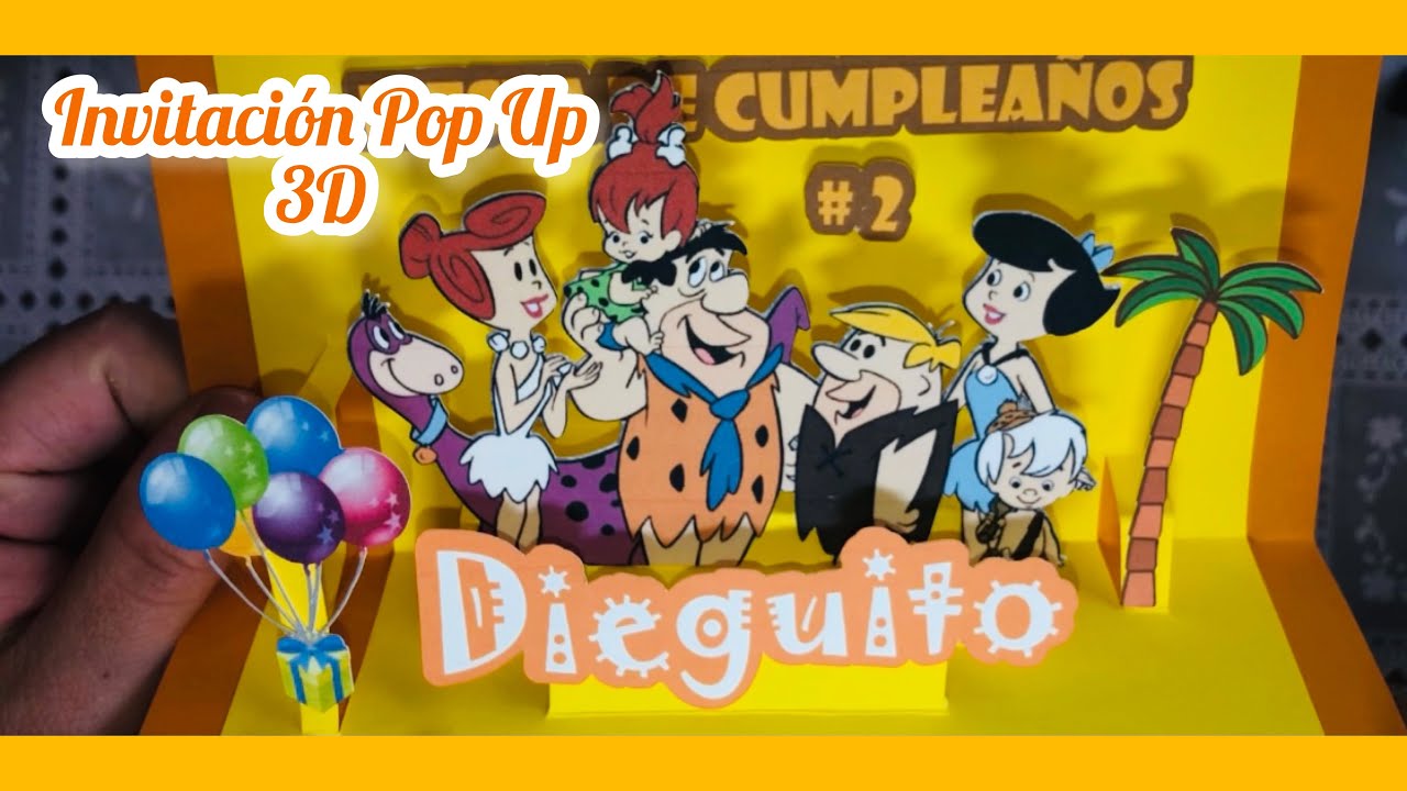 Invitación Pop up o 3d. Temática de los Picapiedras.