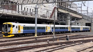 MH有り！【E257系500番台 OM構内試運転】E257系500番台NB-15編成が試運転列車としてOM構内をミュージックホーンを鳴らして発車するシーン（試⁇M）2022.2.8