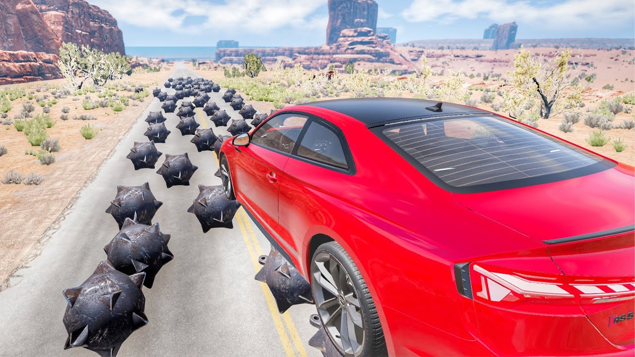 100 Spike Balls Challenge - Which Car can Cross the Road | BeamNG Drive | BeamNG-AI