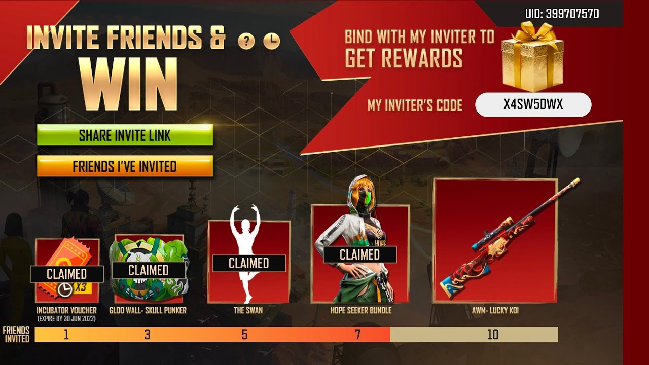 ALL REWARDS IN NEW INVITE AND WIN EVENT FREE FIRE MAX