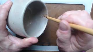 Traditional, lacquer based kintsugi, step 2, application of  lacquer to #4 gold to  Karatsu tea bowl