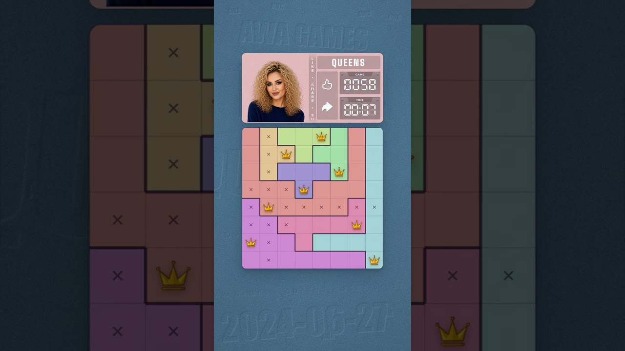 LinkedIn Queens #58 solved board for June 27, 2024, 8x8 grid