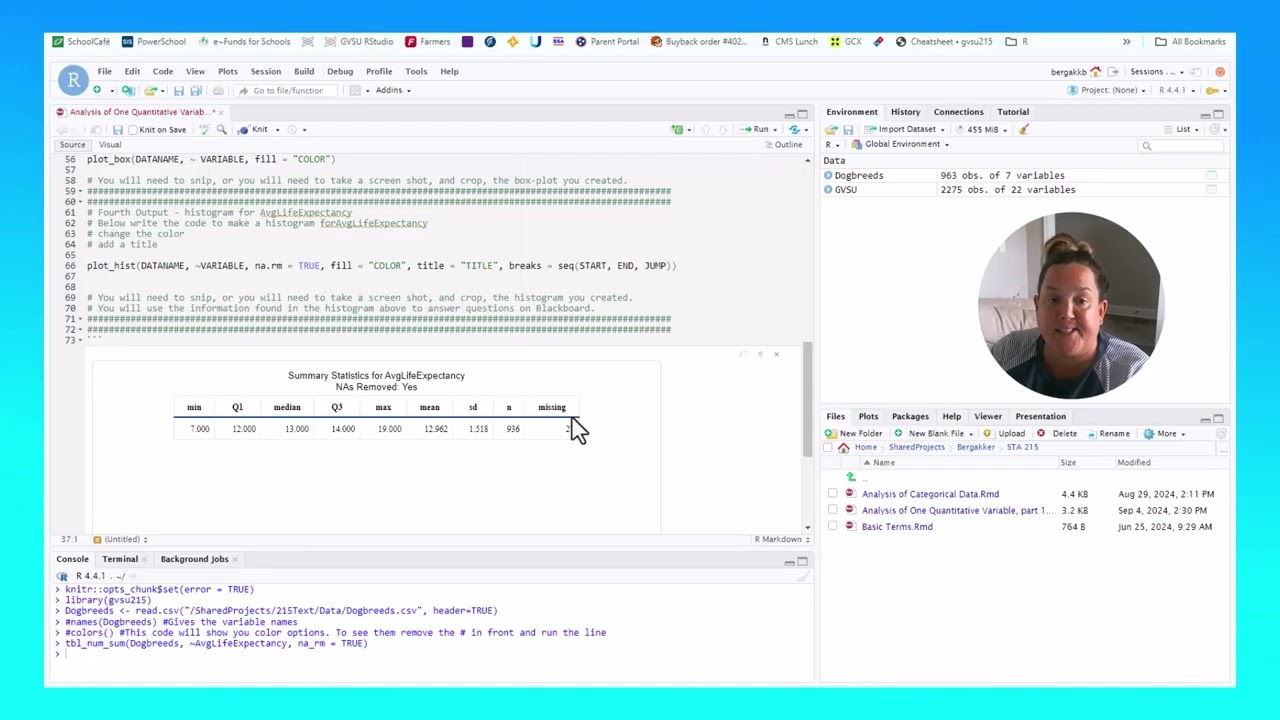 Analysis of One Quantitative Variable, part 1, 215 R Project