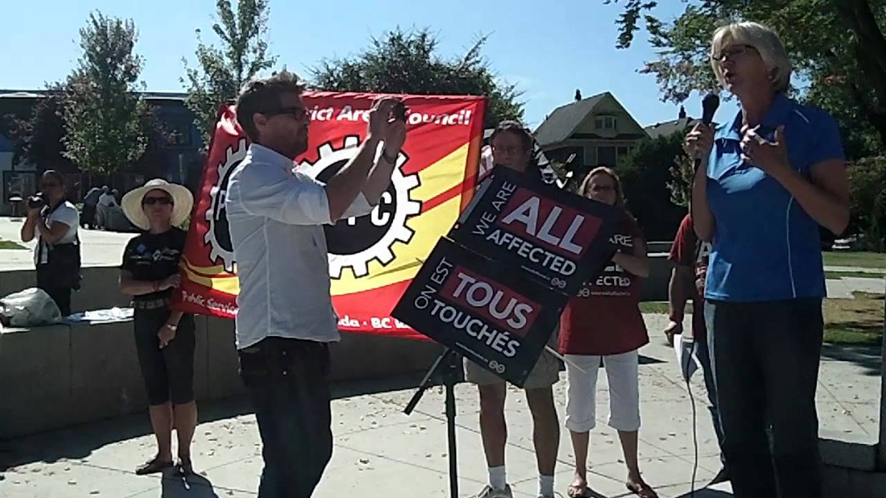 Irene Lanzinger, of the BC Federation of Labour, speaking in Vancouver on September 15