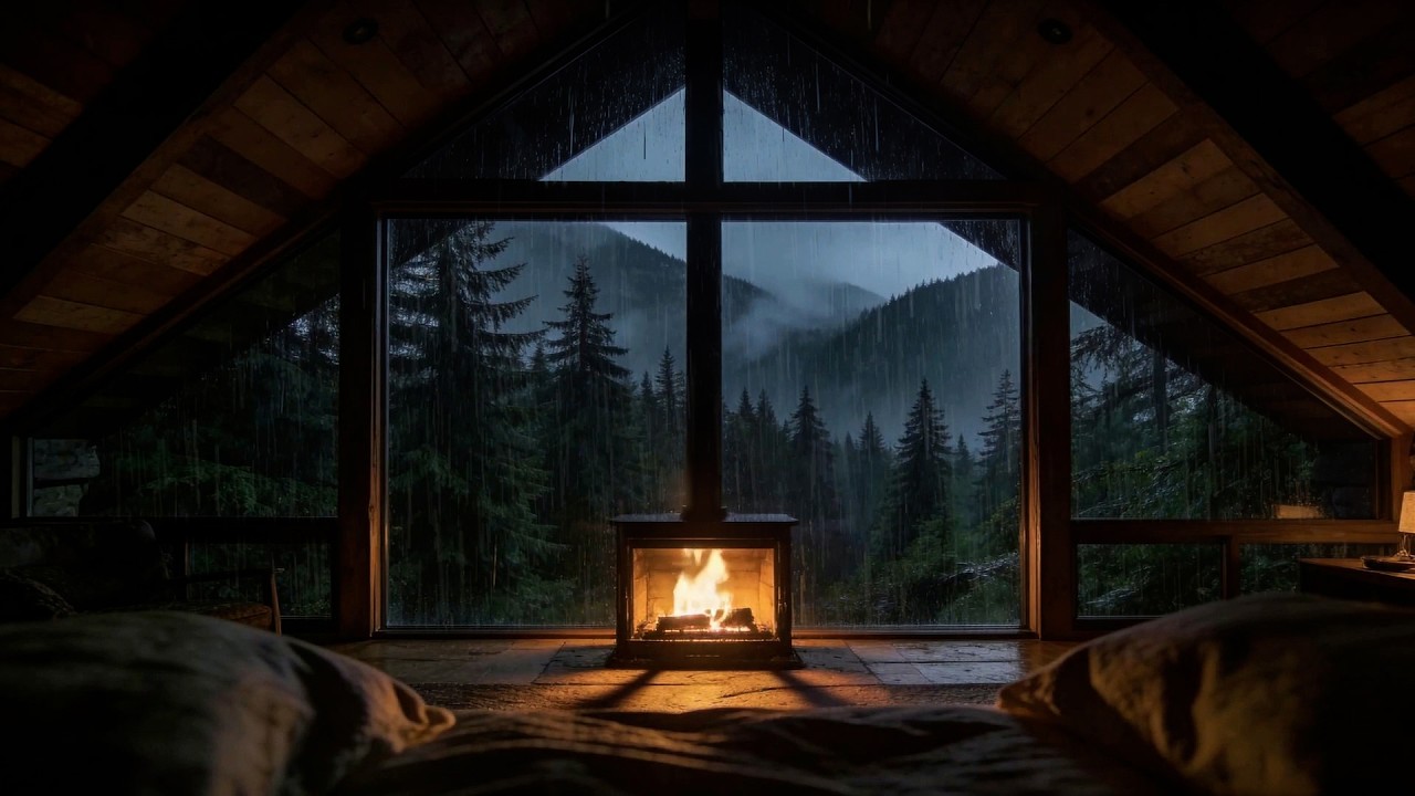 Rainy Night in a Cozy Mountain Cabin 🌧️ Fireplace & Window Rain Sounds for Deep Sleep (No Ads)