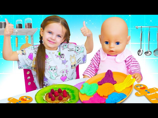 Spielzeug Video für Kinder mit Maya und Lina | Baby Puppen. Pfannkuchen zum Frühstück für Baby Born. class=