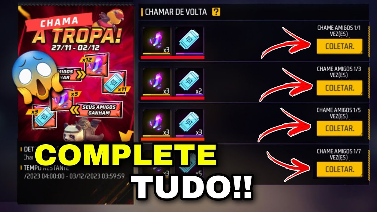 COMO CHAMAR AMIGOS DE VOLTA NO FREE FIRE 2023 COMO COMPLETAR O EVENTO CHAMAR  DE VOLTA* CHAMA A TROPA 