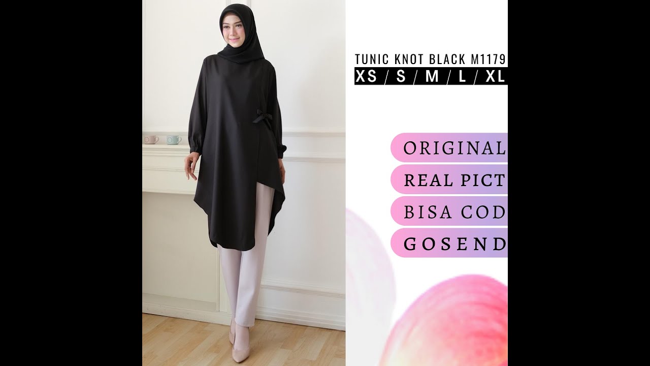 Tunik wanita muslim tunic hitam polos ld 110cm real pict XS  S  M  L  XL KNOT M1179