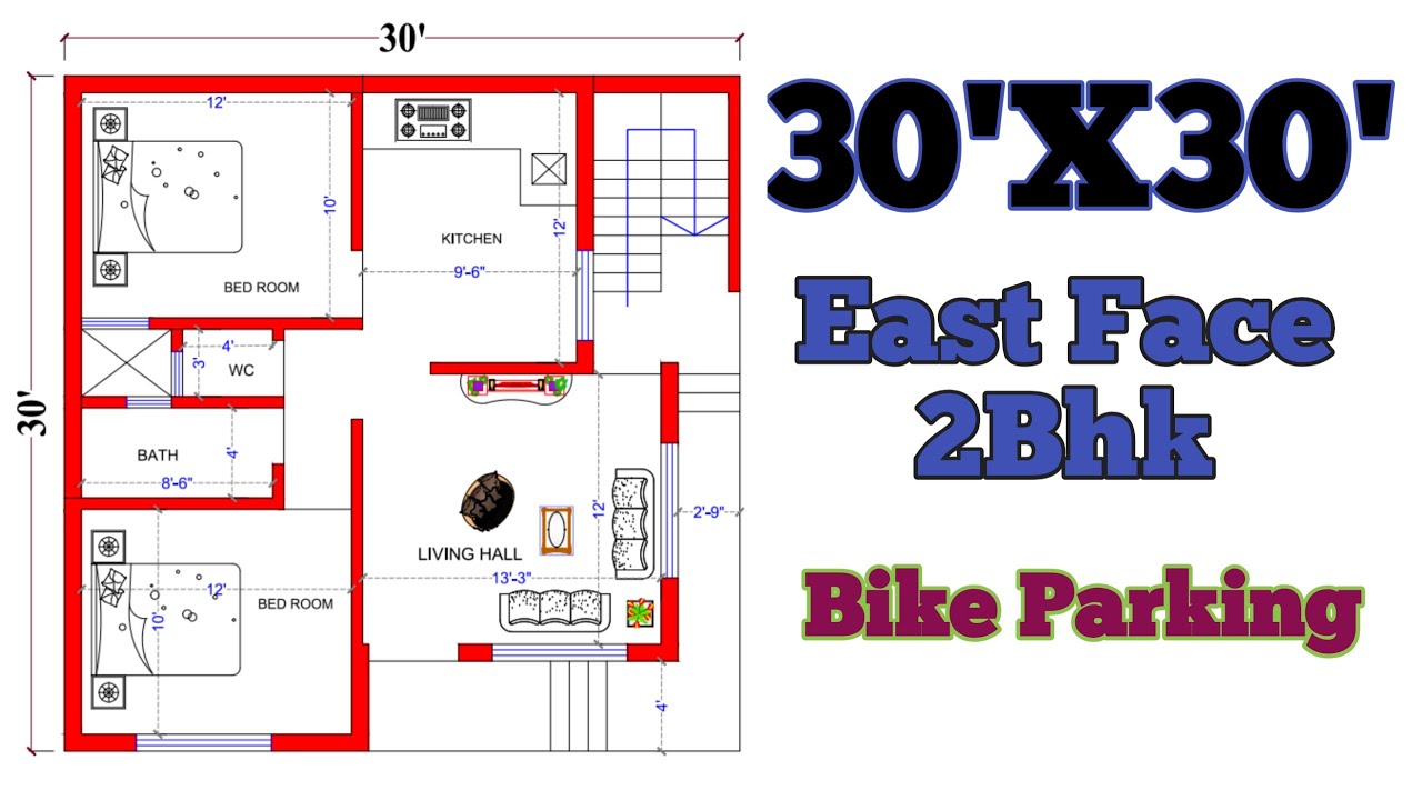 East facing 30x30 House PLan 30x30 2BHK House Plan