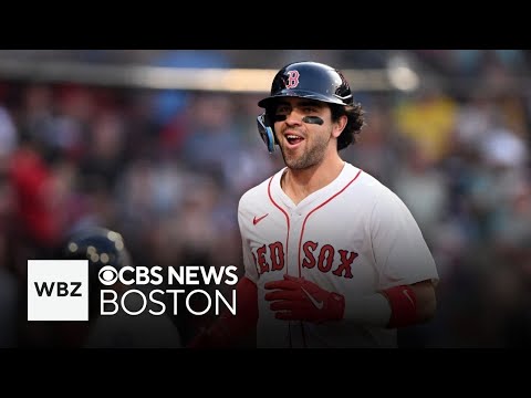 Marcelo Mayer reacts after hitting two home runs for Red Sox at Fenway Park