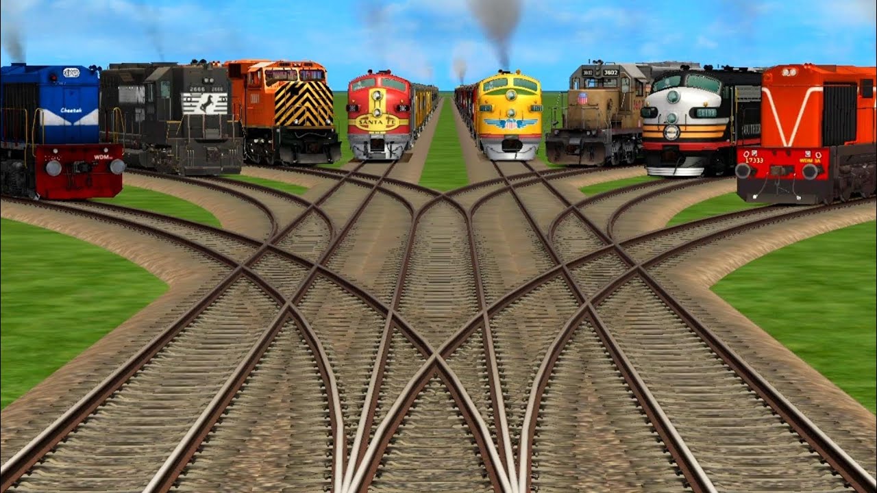 EIGHT TRAINS CROSSING ON INDIAN ELECTRIC RAILRAOD CROSSING TRACKS / TRAIN VIDEO GAME PLAY 