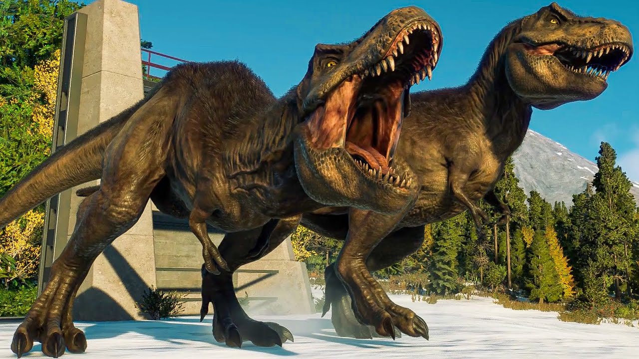 Jurassic World Evolution 2 - A T. rex hunts her prey, completely unaware  that a rival has broken through a recently opened gap in the fence. Chaos  is sure to ensue in