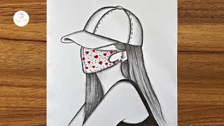 Girl with love mask drawing || How to draw a girl wearing a hat || Pencil sketch for beginners