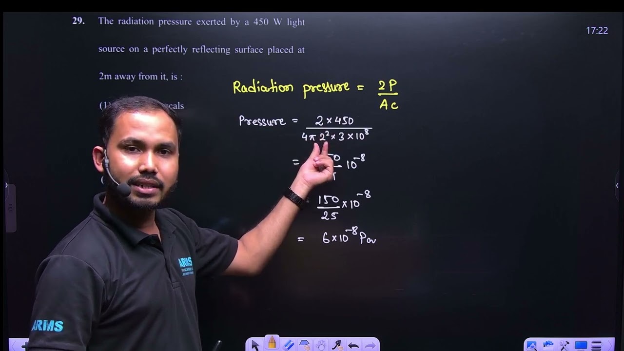 The radiation pressure exerted by a 450 Wlight source on a perfectly reflectingsurface placed at 2 m